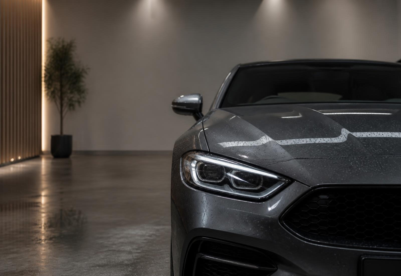 Detailed dark grey car in a studio bay